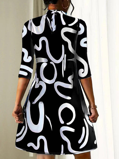 Dina - Graffiti Print Dress with Stand-Up Collar - ZyraLux