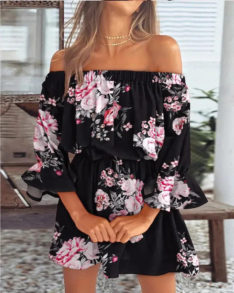 Off-Shoulder Printed Dress | Floral | Cotton | Light and Breezy - ZyraLux Kleding en accessoires