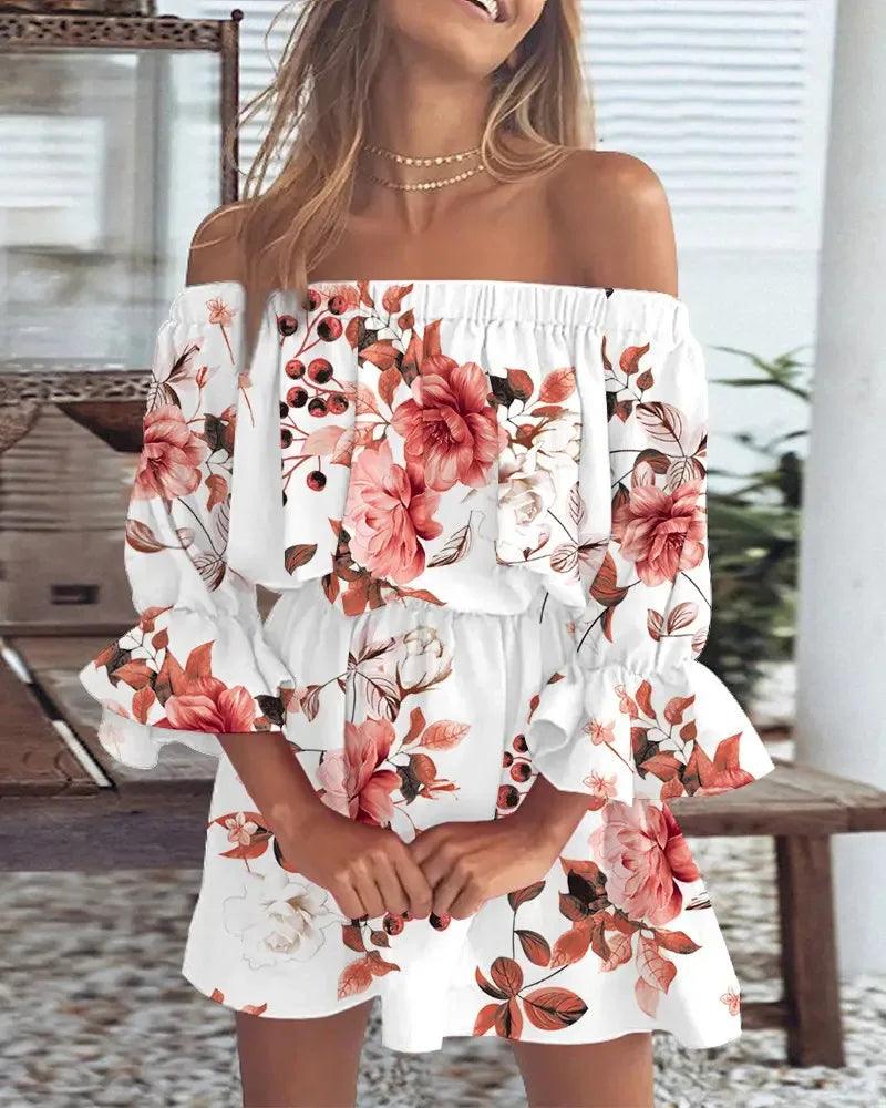 Off-Shoulder Printed Dress | Floral | Cotton | Light and Breezy - ZyraLux Kleding en accessoires