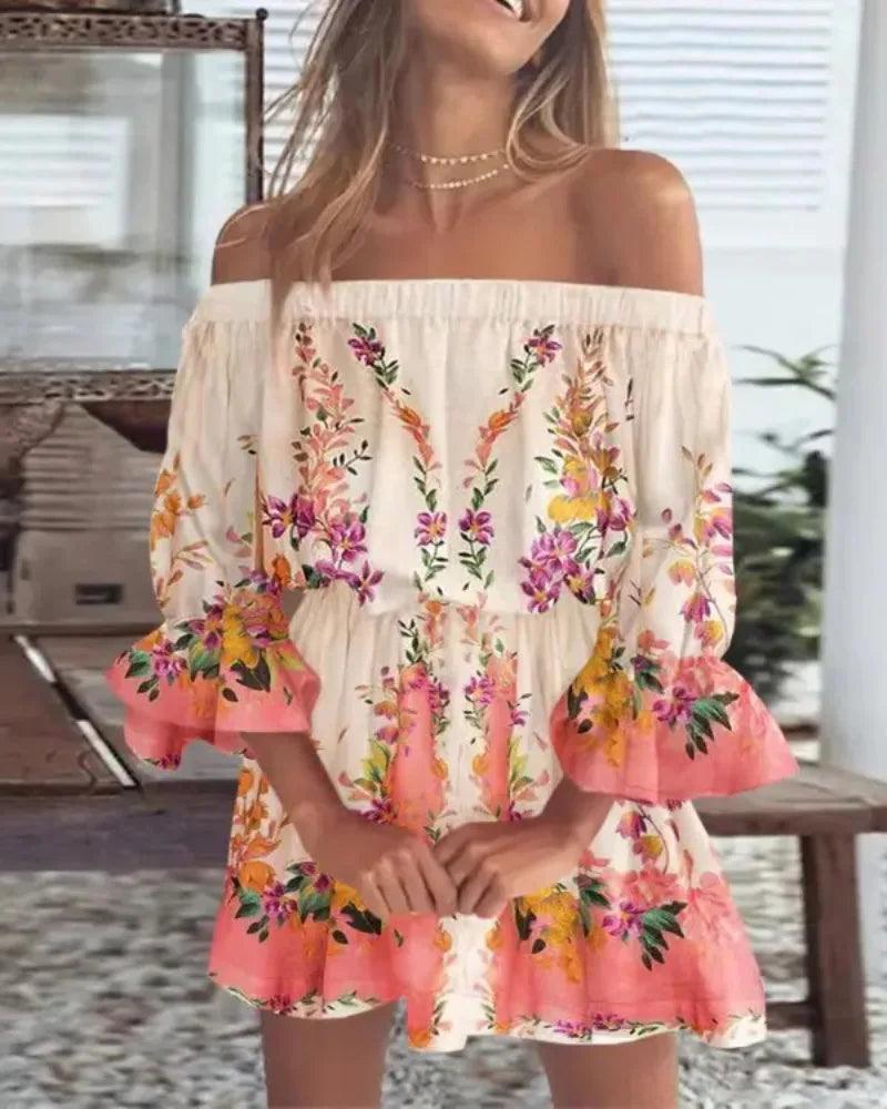 Off-Shoulder Printed Dress | Floral | Cotton | Light and Breezy - ZyraLux Kleding en accessoires