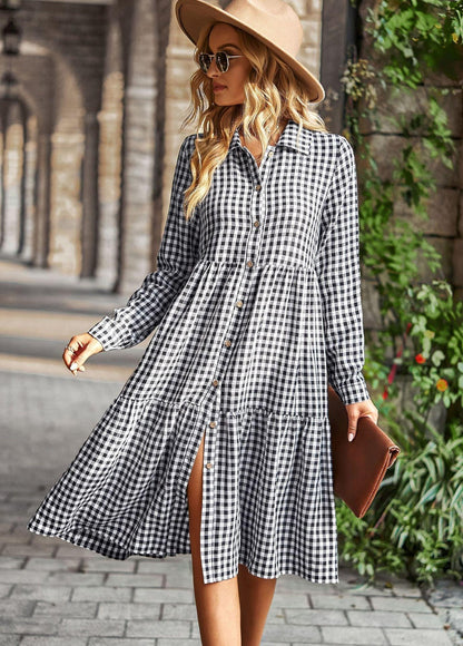 Dionne - plaid button a-line tiered dress - ZyraLux