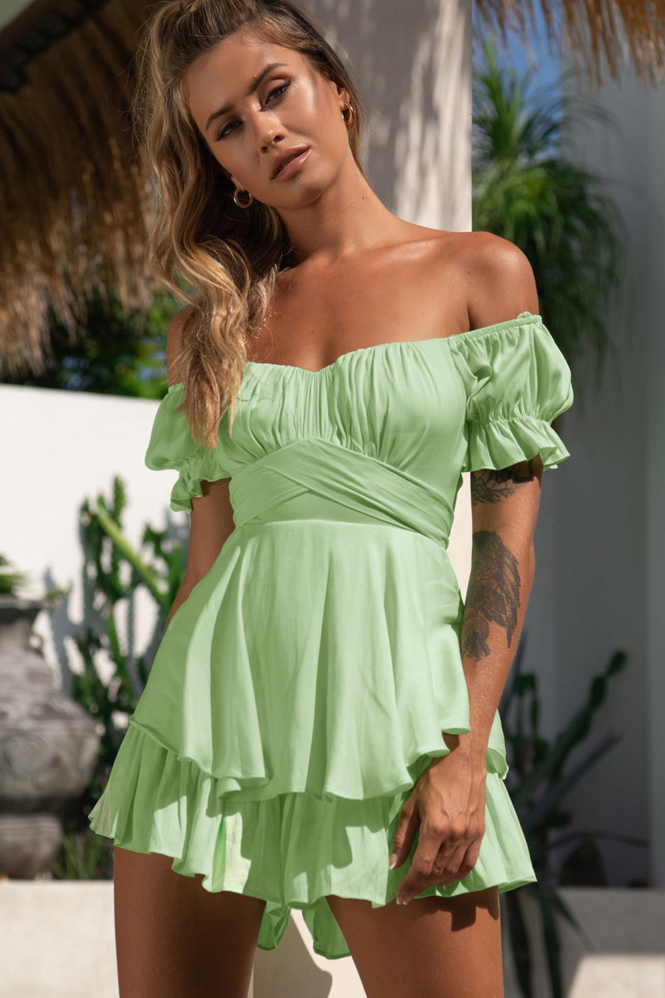 Marjorie - off shoulder tie back ruffled rompers - ZyraLux