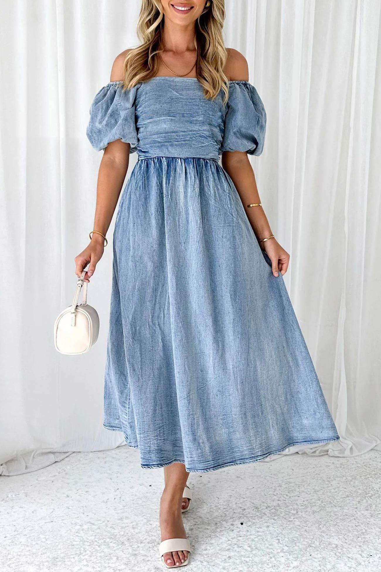 Allison - puff sleeve smocked denim dress - ZyraLux