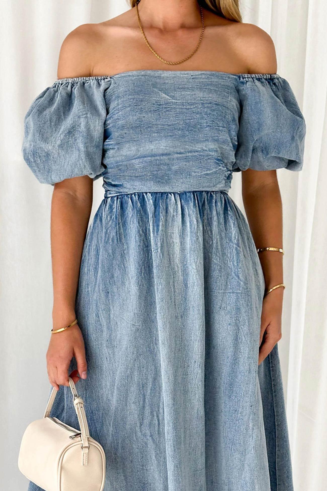 Allison - puff sleeve smocked denim dress - ZyraLux