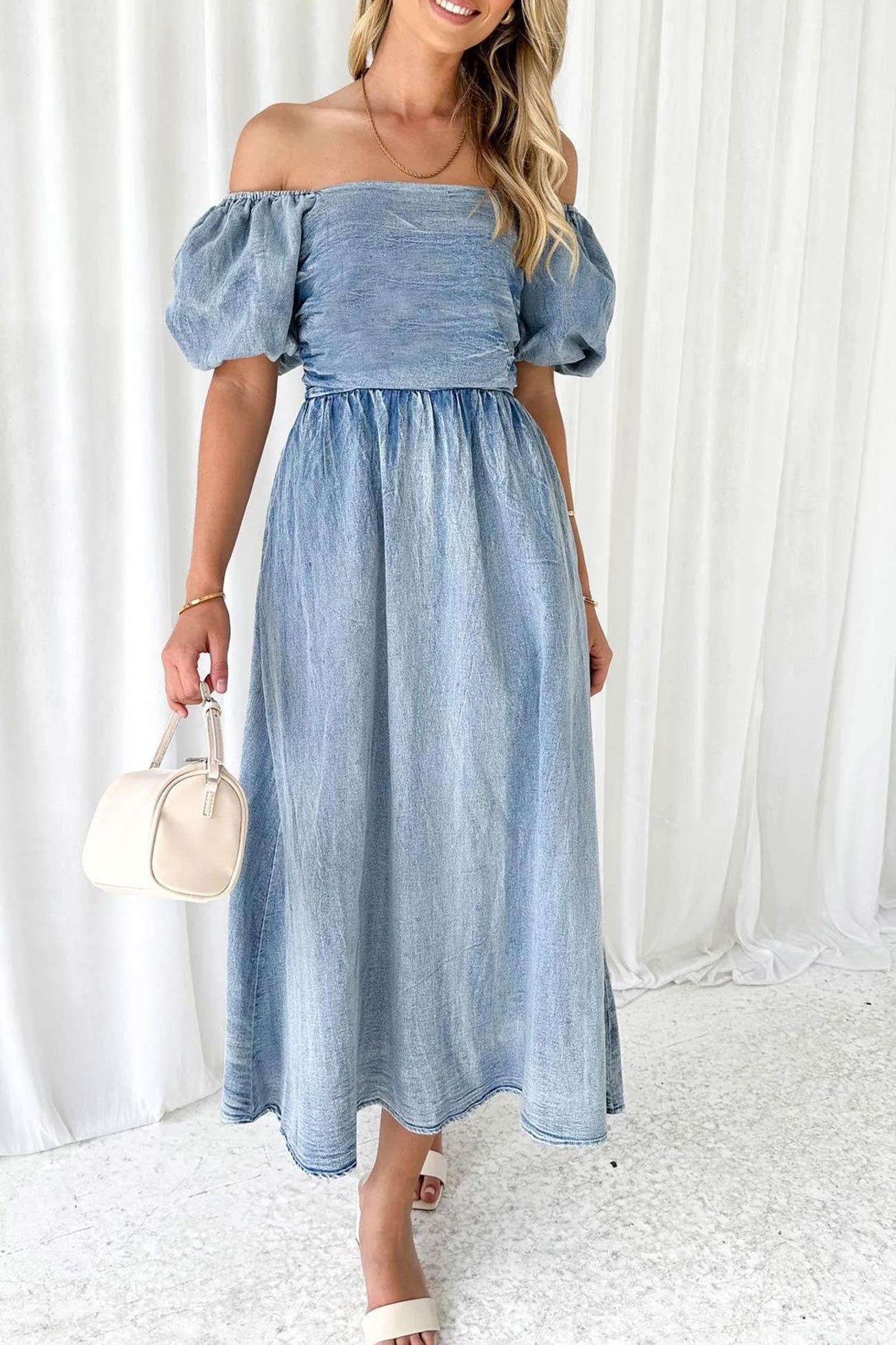 Allison - puff sleeve smocked denim dress - ZyraLux