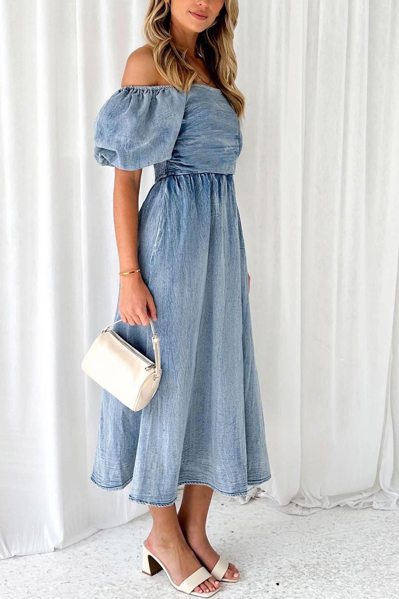 Allison - puff sleeve smocked denim dress - ZyraLux