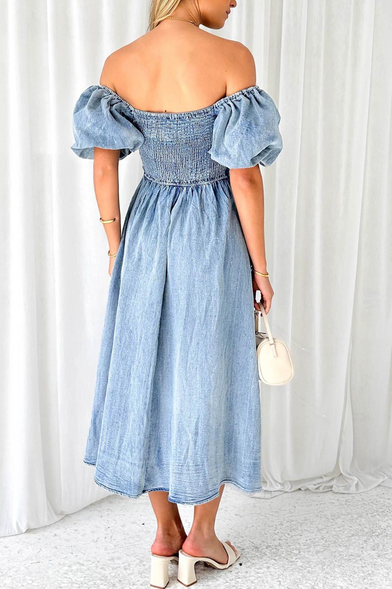 Allison - puff sleeve smocked denim dress - ZyraLux