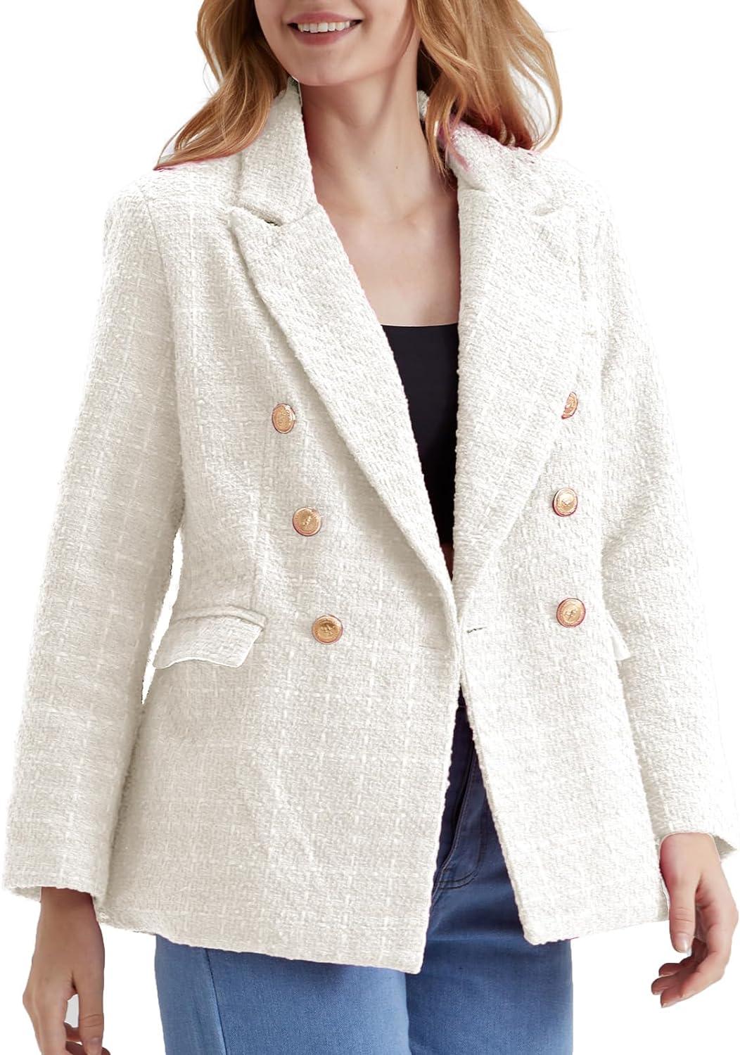 Werkstijl Zwarte Tweed Lange Mouw Dubbelrijs Blazer Jas