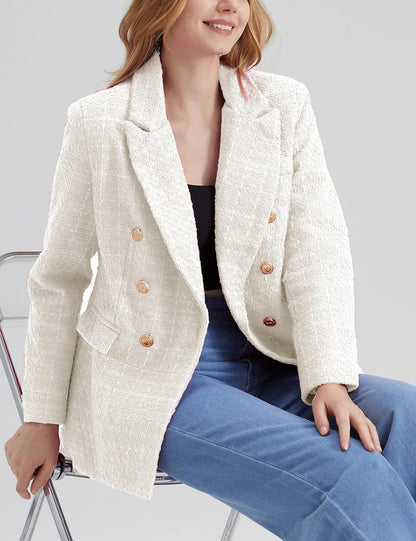 Werkstijl Zwarte Tweed Lange Mouw Dubbelrijs Blazer Jas