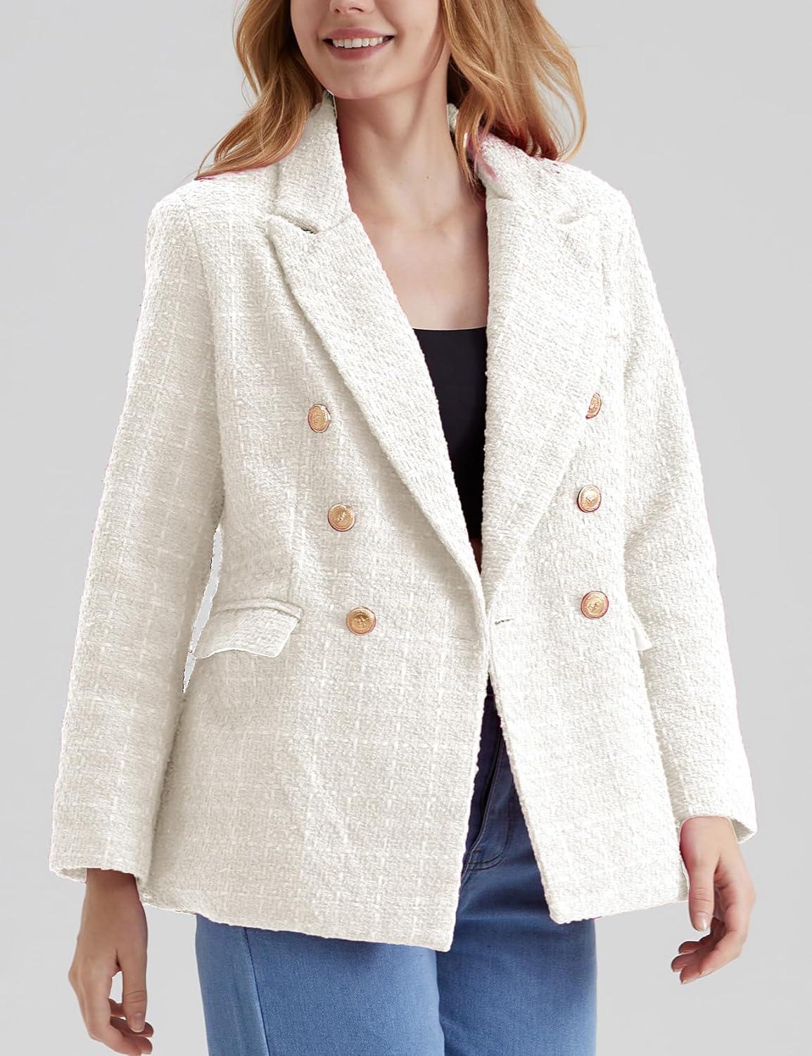 Werkstijl Zwarte Tweed Lange Mouw Dubbelrijs Blazer Jas