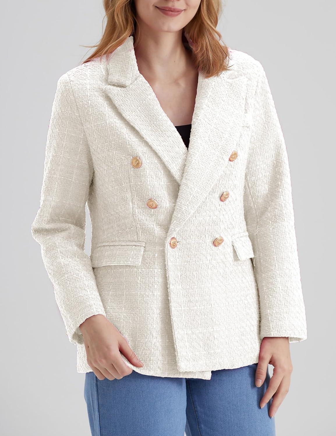 Werkstijl Zwarte Tweed Lange Mouw Dubbelrijs Blazer Jas