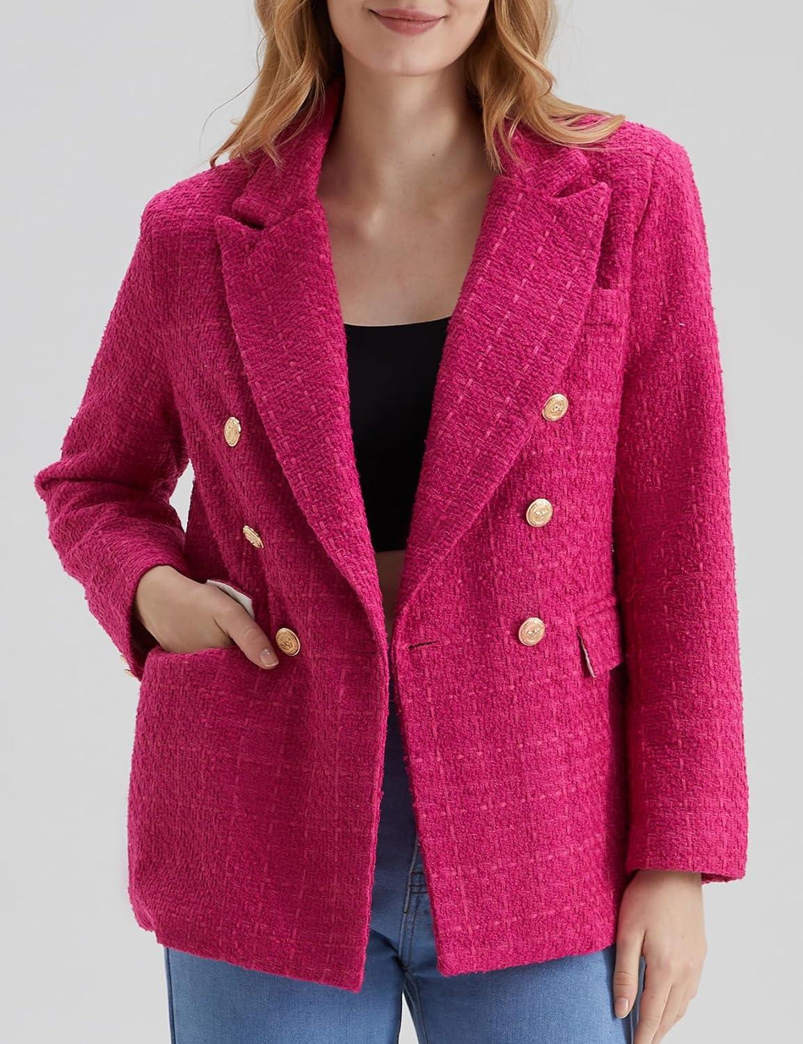 Werkstijl Zwarte Tweed Lange Mouw Dubbelrijs Blazer Jas