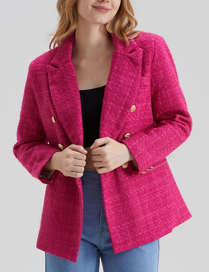 Werkstijl Zwarte Tweed Lange Mouw Dubbelrijs Blazer Jas