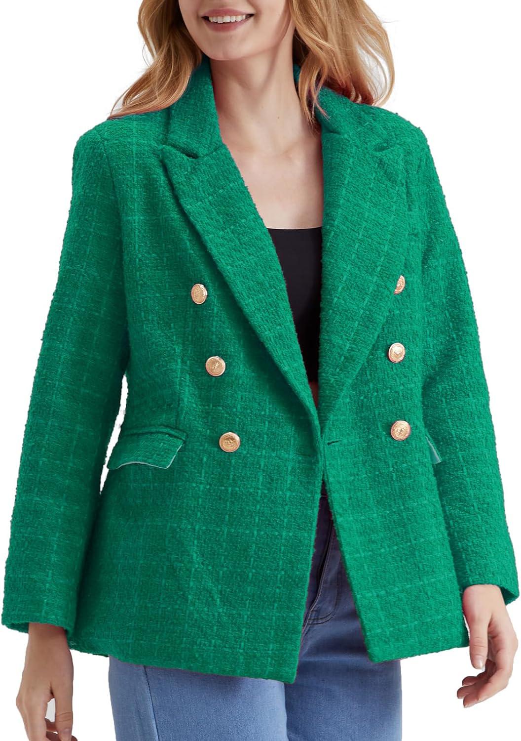 Werkstijl Zwarte Tweed Lange Mouw Dubbelrijs Blazer Jas