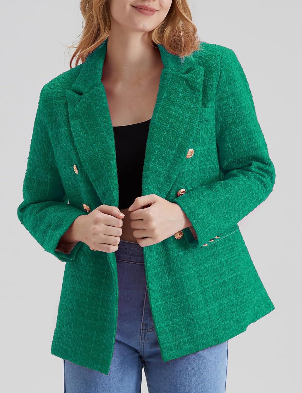 Werkstijl Zwarte Tweed Lange Mouw Dubbelrijs Blazer Jas