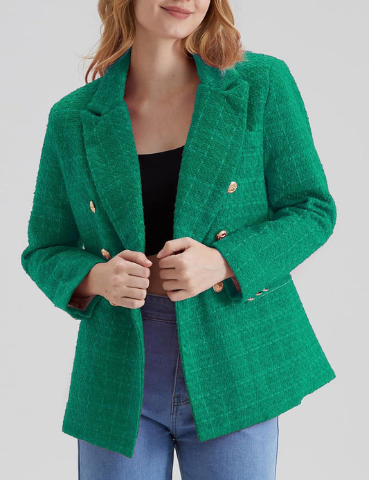 Werkstijl Groene Tweed Lange Mouw Dubbelrijs Blazer Jas