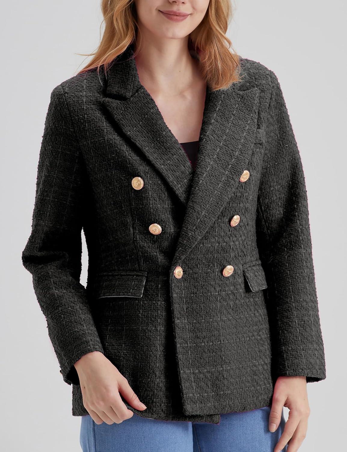 Werkstijl Zwarte Tweed Lange Mouw Dubbelrijs Blazer Jas