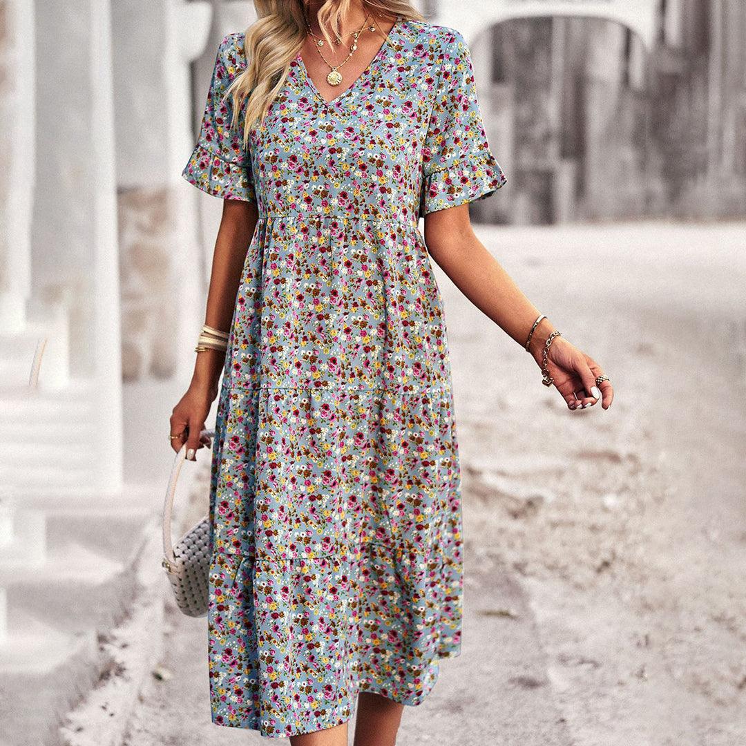 Boho Floral Midi Dress | Apricot | Lightweight Cotton | Perfect for Summer - ZyraLux Kleding en accessoires