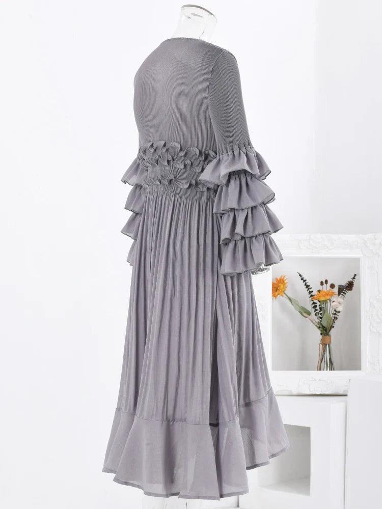 Ruffled Sleeve Asymmetrical Dress | Gray | Polyester Blend | Elegant and Unique - ZyraLux Kleding en accessoires