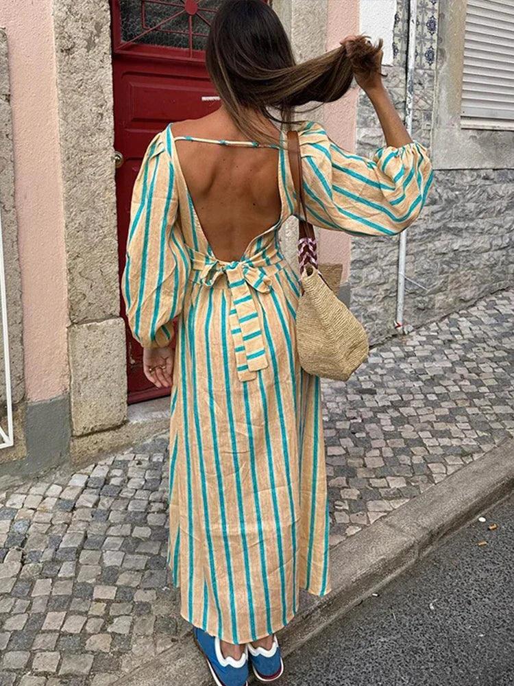 Retro Stripe Maxi Dress | Green | Casual | Linen Blend - ZyraLux Kleding en accessoires