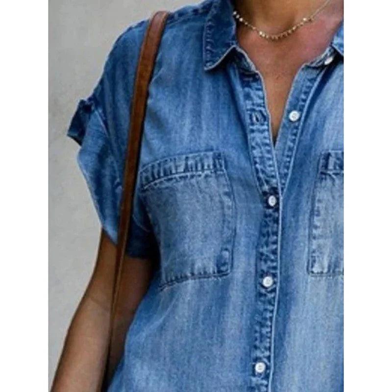 Single Breasted Denim Shirt Dress - Blue - Cotton - Casual and Stylish - ZyraLux Kleding en accessoires