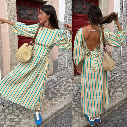 Retro Stripe Maxi Dress | Green | Casual | Linen Blend - ZyraLux Kleding en accessoires