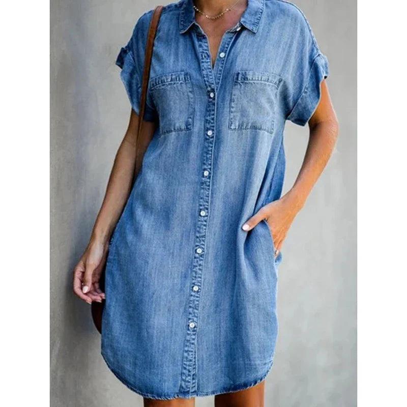 Single Breasted Denim Shirt Dress - Blue - Cotton - Casual and Stylish - ZyraLux Kleding en accessoires