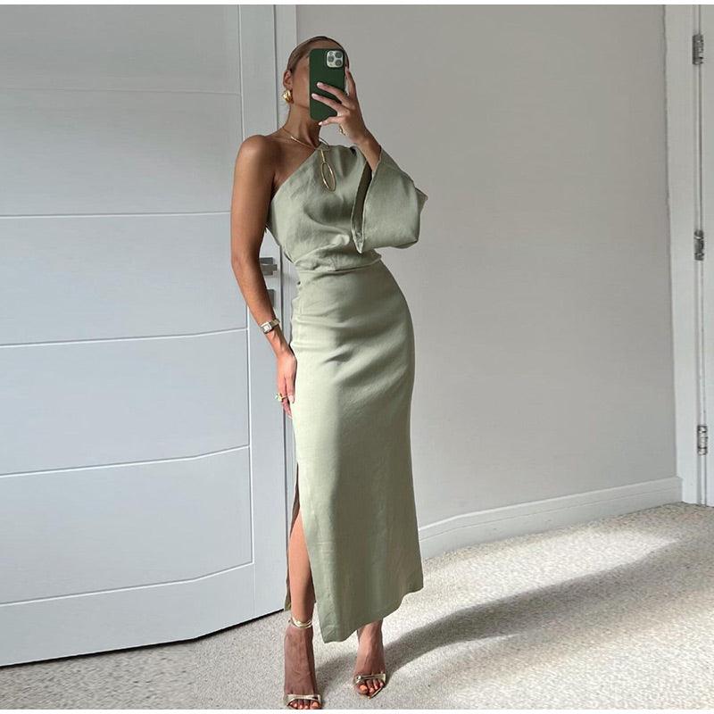 One-Shoulder Evening Dress | Green | Satin | Perfect for Special Occasions - ZyraLux Kleding en accessoires