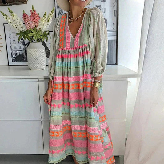 Colorful Boho Maxi Dress | Multicolor | Cotton | Bohemian and Flowing - ZyraLux Kleding en accessoires