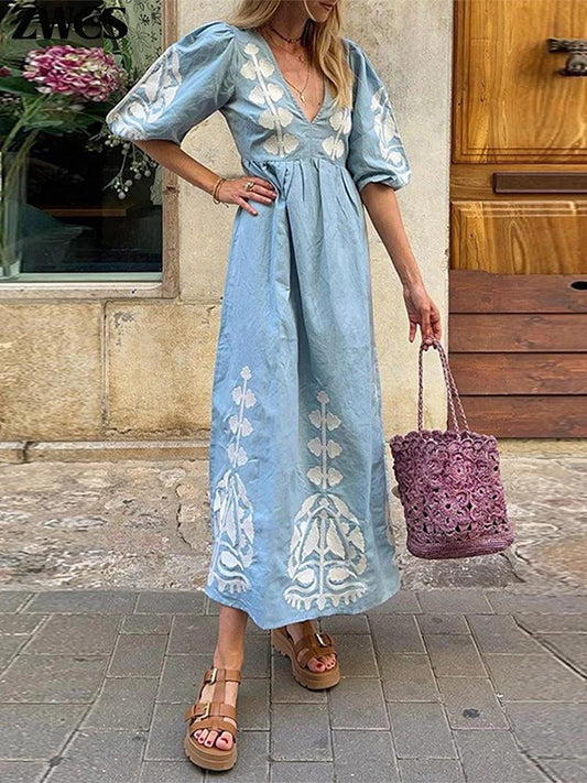 Bohemian Blossom Maxi Dress | Blue | Casual | Linen Blend - ZyraLux Kleding en accessoires