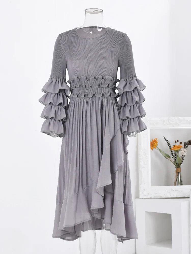 Ruffled Sleeve Asymmetrical Dress | Gray | Polyester Blend | Elegant and Unique - ZyraLux Kleding en accessoires