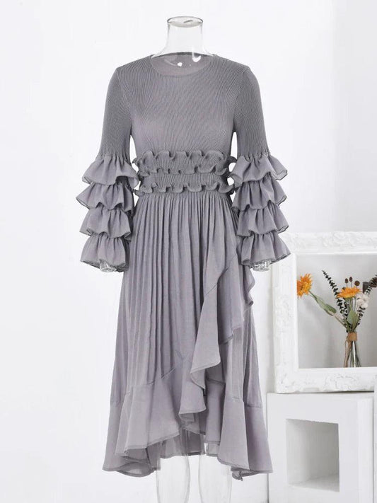 Ruffled Sleeve Asymmetrical Dress | Gray | Polyester Blend | Elegant and Unique - ZyraLux Kleding en accessoires