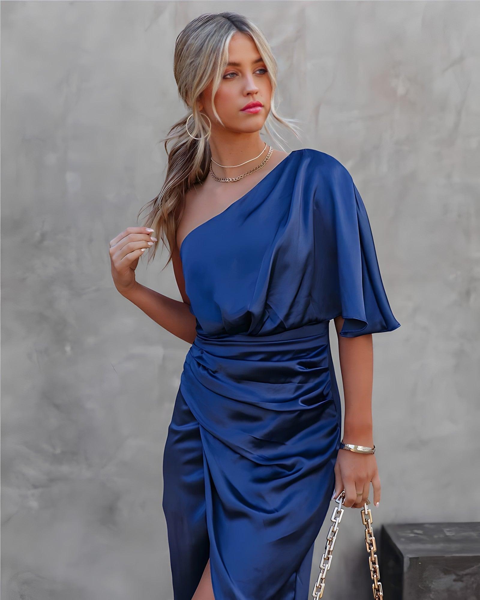 One-Shoulder Dress | Blue | Satin | Elegant and Chic - ZyraLux Kleding en accessoires