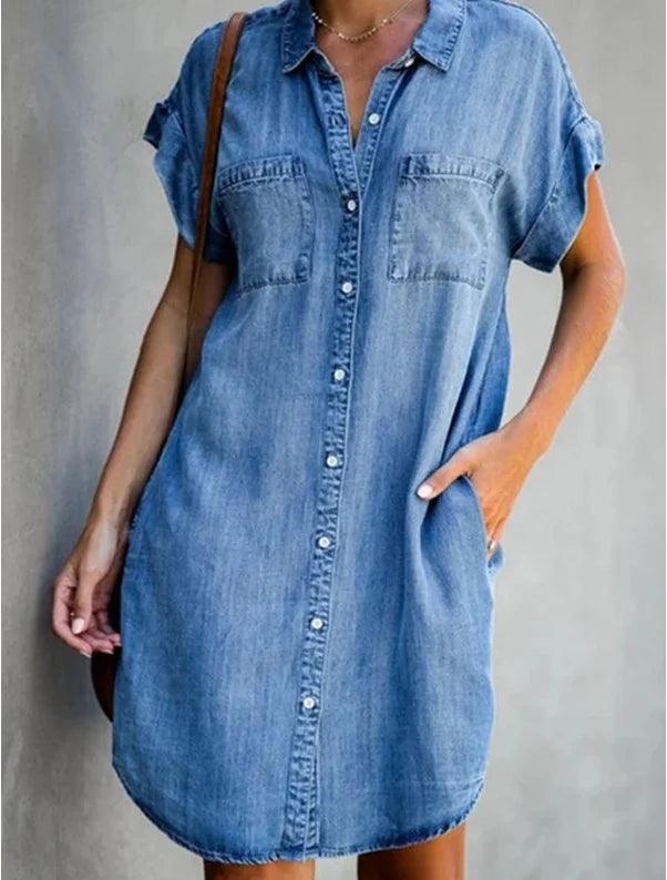 Single Breasted Denim Shirt Dress - Blue - Cotton - Casual and Stylish - ZyraLux Kleding en accessoires