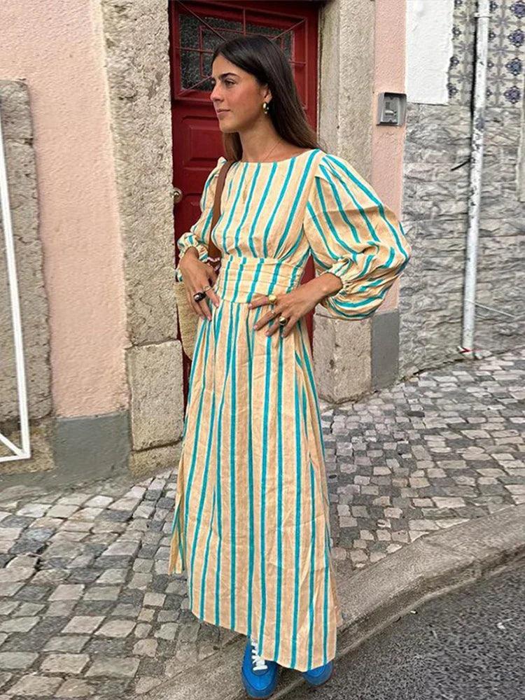 Retro Stripe Maxi Dress | Green | Casual | Linen Blend - ZyraLux Kleding en accessoires