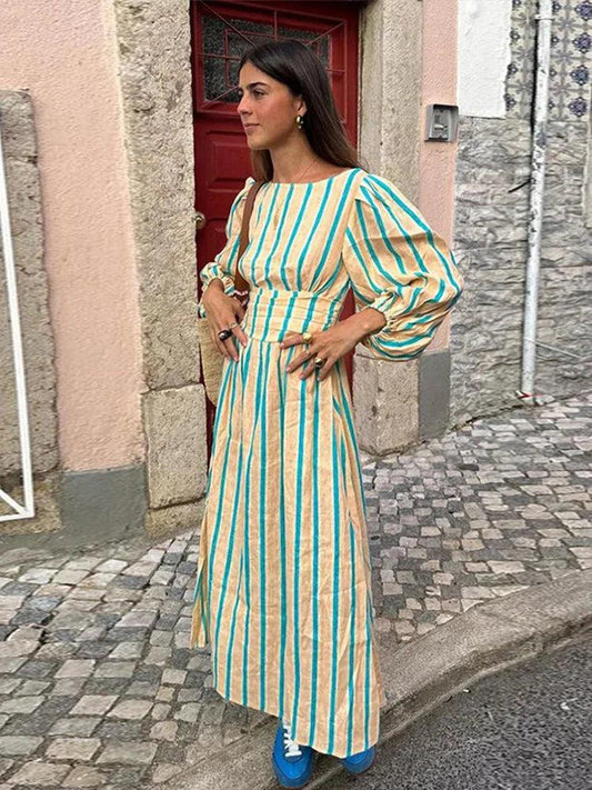 Retro Stripe Maxi Dress | Green | Casual | Linen Blend - ZyraLux Kleding en accessoires