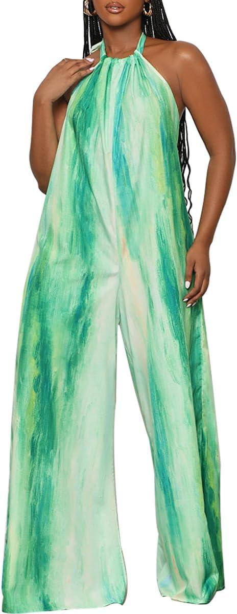 Tropische Groene Halter Wijde Pijpen Mouwloze Jumpsuit 