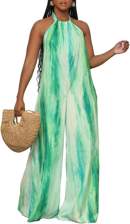 Tropische Groene Halter Wijde Pijpen Mouwloze Jumpsuit 