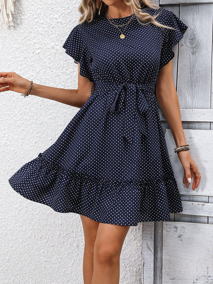 Rowie - elegant polka dot ruffle sleeve dress with belt - ZyraLux