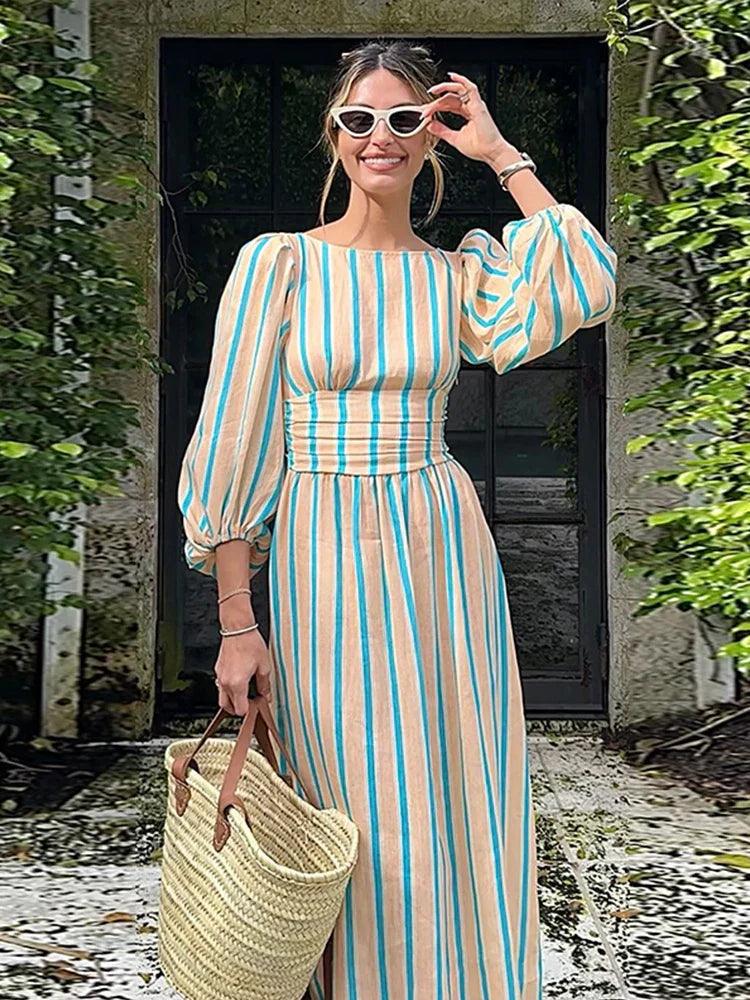 Retro Stripe Maxi Dress | Green | Casual | Linen Blend - ZyraLux Kleding en accessoires