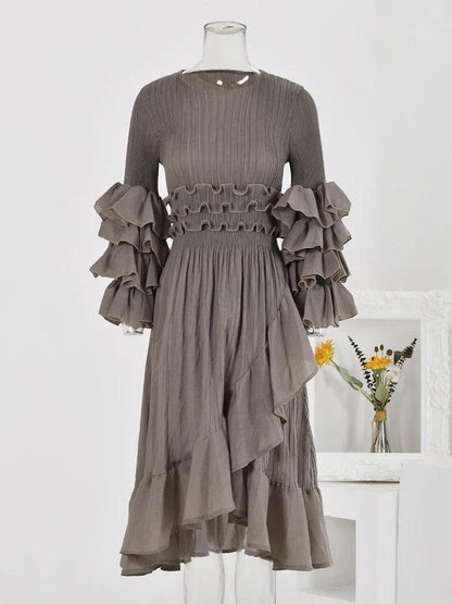 Ruffled Sleeve Asymmetrical Dress | Gray | Polyester Blend | Elegant and Unique - ZyraLux Kleding en accessoires