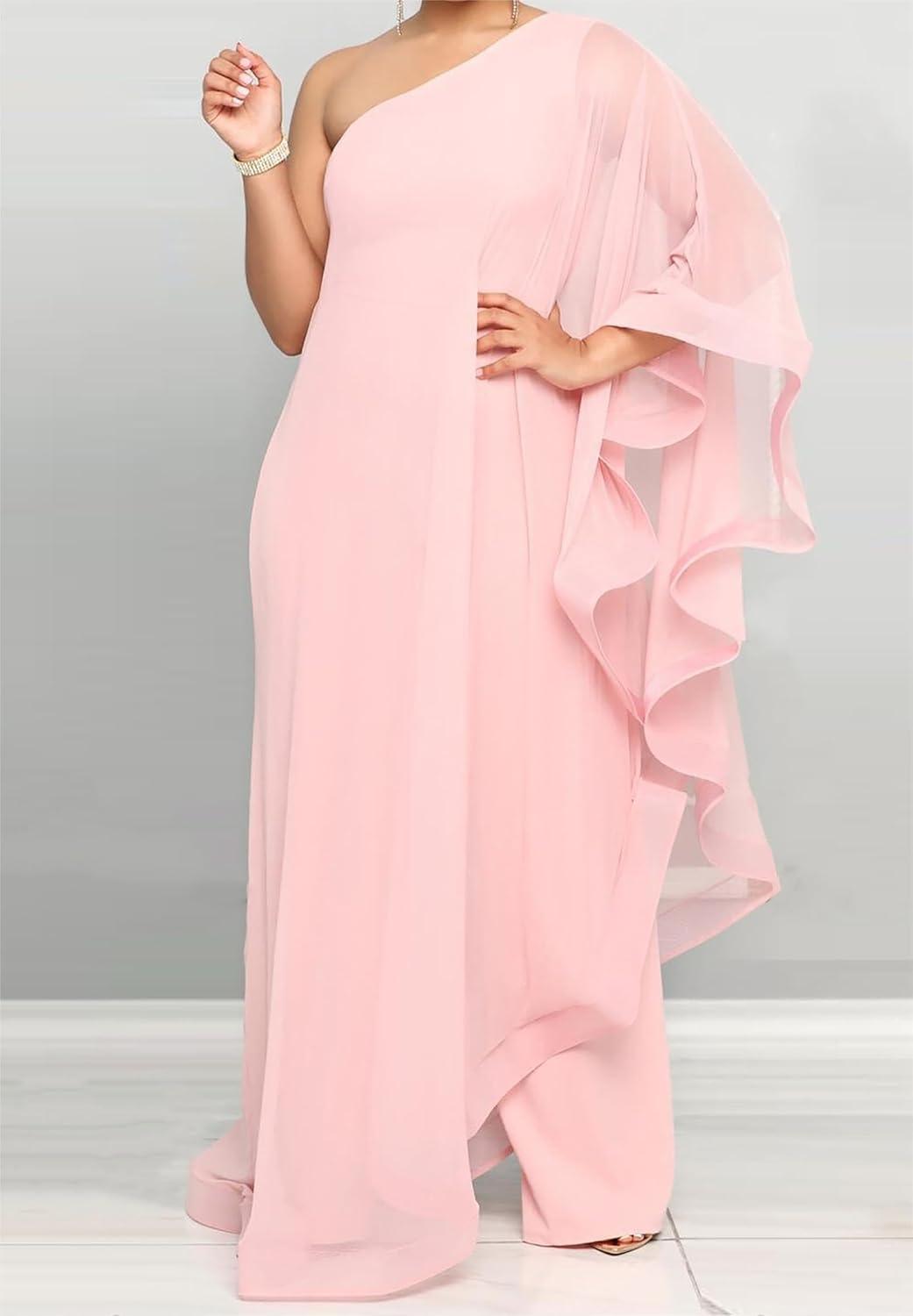 Beautiful Ruffled Pink Asymmetrical One Shoulder Jumpsuit - ZyraLux