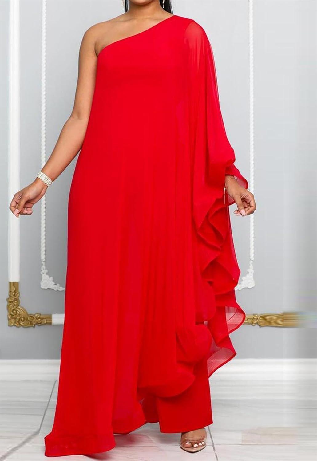 Beautiful Ruffled Red Asymmetrical One Shoulder Jumpsuit - ZyraLux