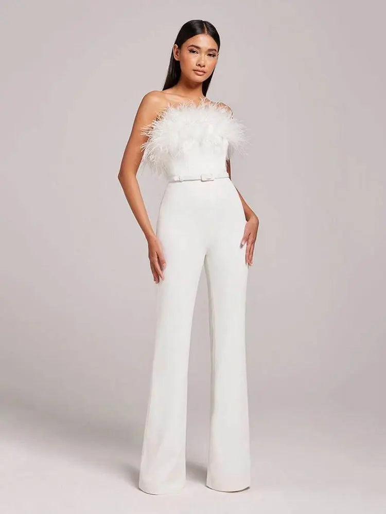 Milan White Feathered Strapless Belted Designer Style Jumpsuit - ZyraLux