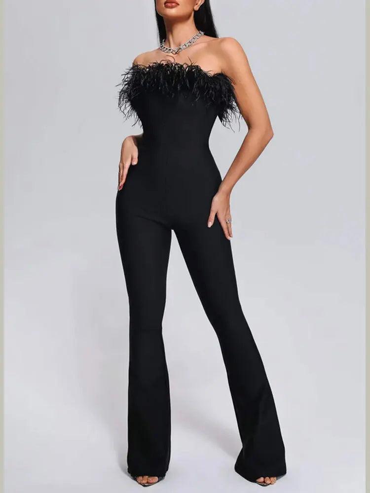 Milan White Feathered Strapless Belted Designer Style Jumpsuit - ZyraLux