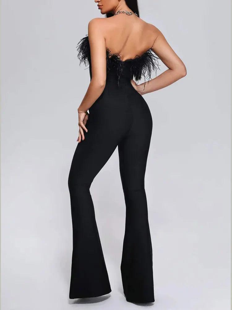 Milan Black Feathered Strapless Belted Designer Style Jumpsuit - ZyraLux