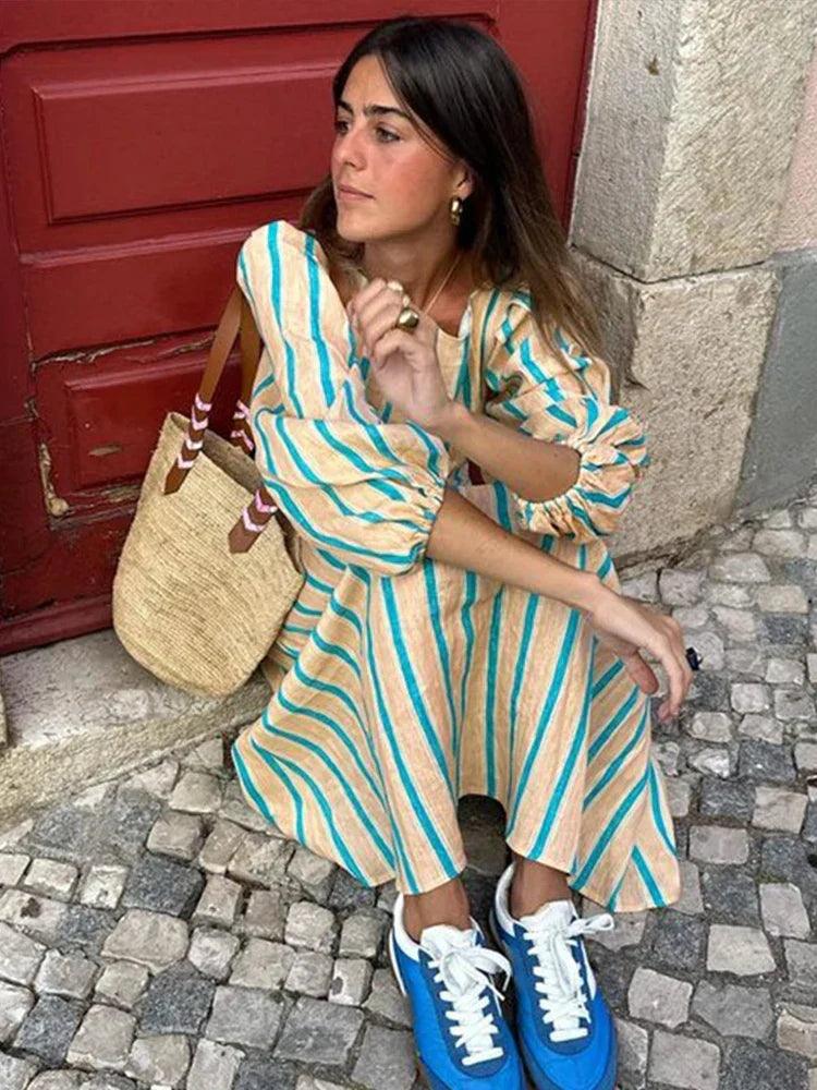 Retro Stripe Maxi Dress | Green | Casual | Linen Blend - ZyraLux Kleding en accessoires