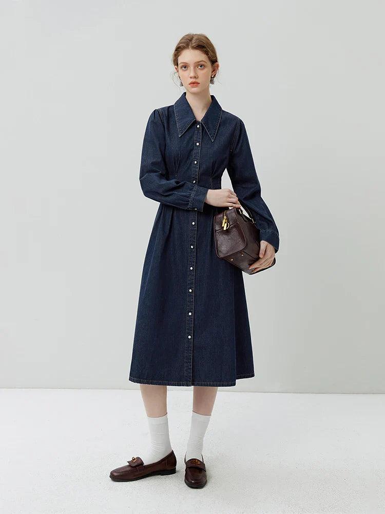 French Style Denim Dress - Blue - Cotton - Elegant and Casual - ZyraLux Kleding en accessoires