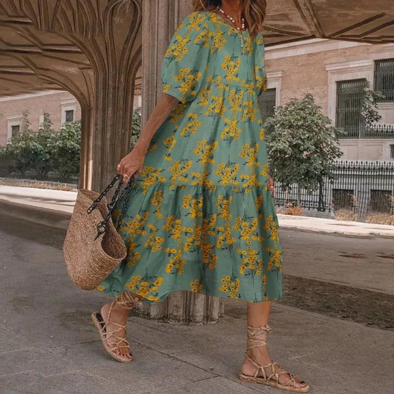 Floral Print Puff Sleeve Midi Dress | Multi-color | Cotton | Elegant and Flowing - ZyraLux Kleding en accessoires