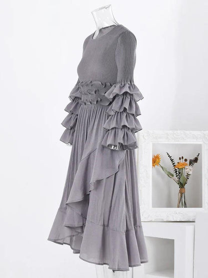 Ruffled Sleeve Asymmetrical Dress | Gray | Polyester Blend | Elegant and Unique - ZyraLux Kleding en accessoires